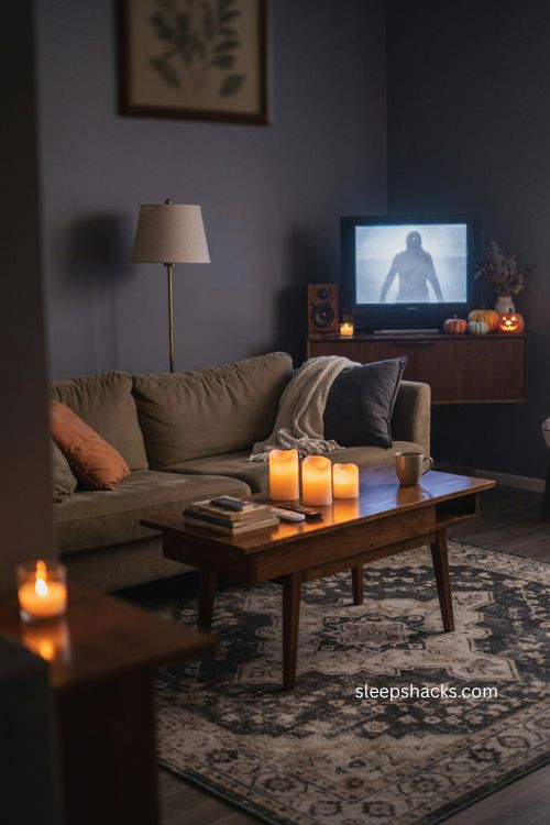Cozy apartment Halloween movie night with candles and spooky decor
