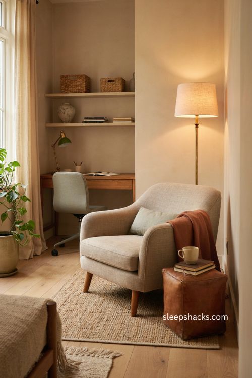 Cozy armchair reading corner beside a functional home office desk 