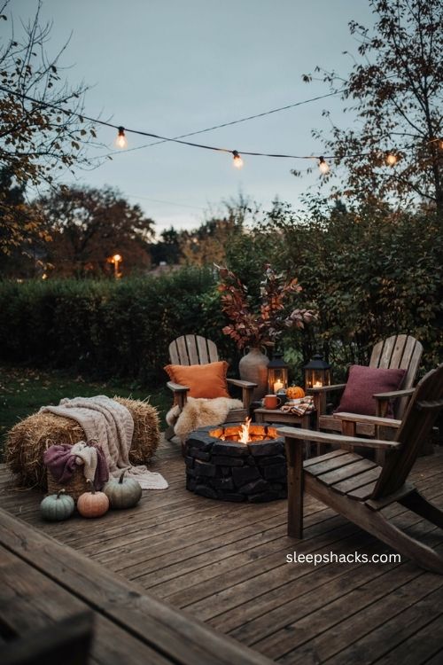 Cozy backyard Halloween lounge corner with hay bales blankets pillows and fire pit 