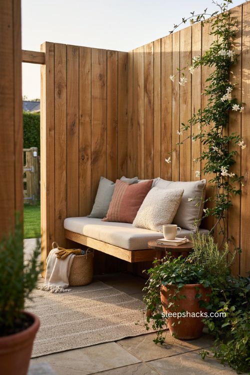 Cozy backyard corner nook with built-in bench seating and cushions 
