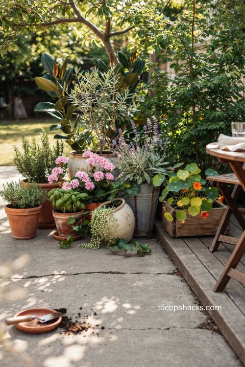 Cozy backyard ideas with container plants and mismatched garden pots 