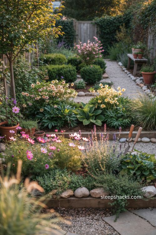 Cozy backyard ideas with layered staggered garden beds and seasonal flowers 