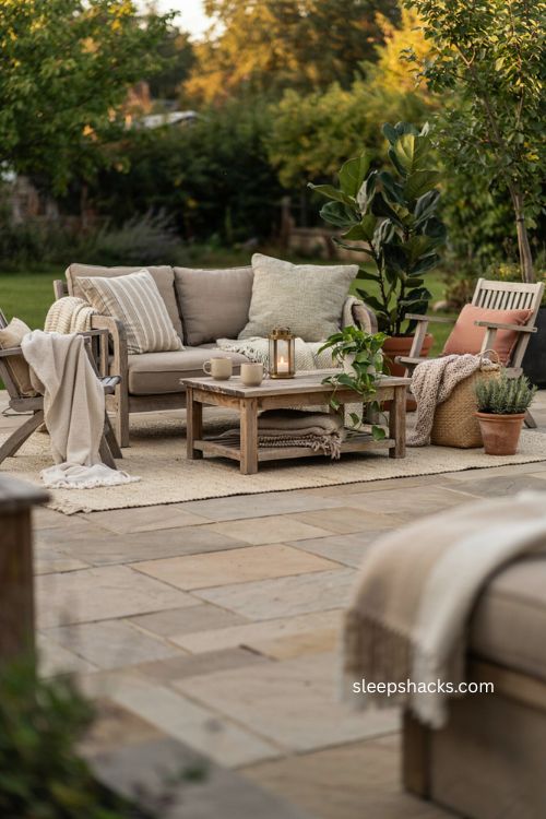 Cozy backyard ideas with outdoor cushions throws and woven basket 
