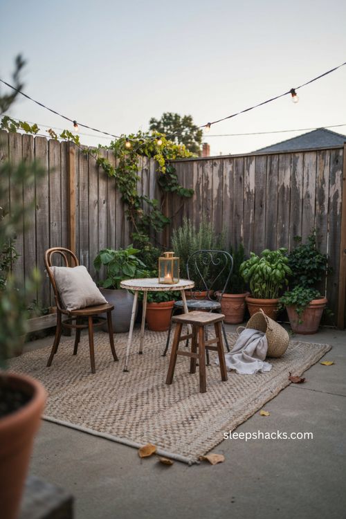 Cozy backyard ideas with outdoor rug and small patio seating 