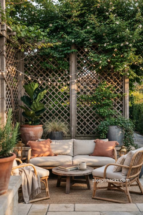 Cozy backyard ideas with privacy screen climbing vines and string lights 