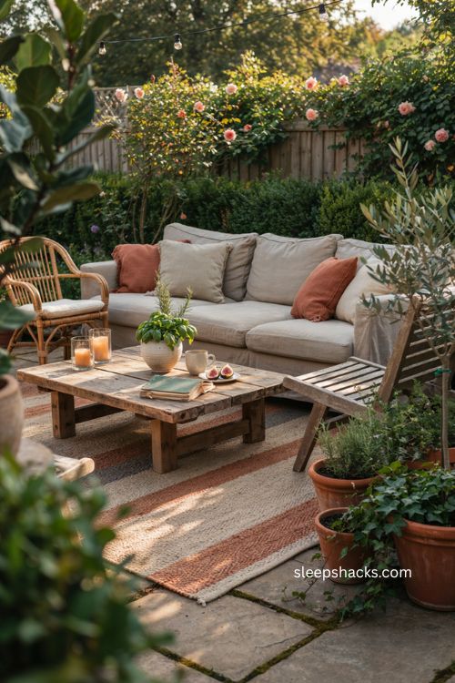 Cozy backyard ideas with rustic coffee table and outdoor seating 