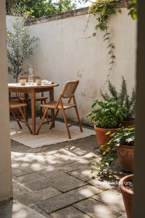 Cozy backyard ideas with small bistro set and potted plants 