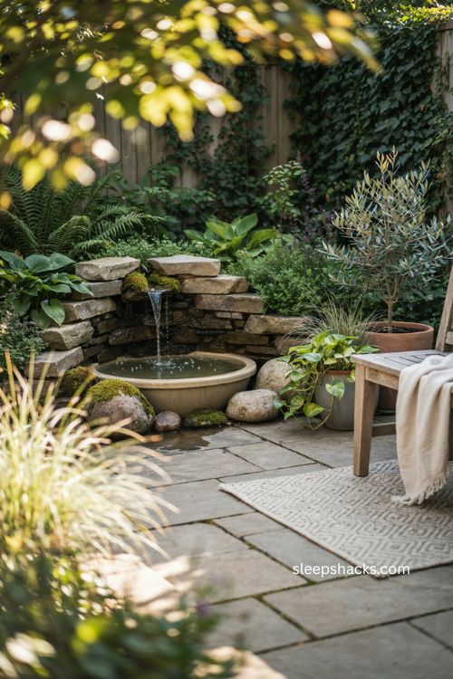 Cozy backyard ideas with small bubbling fountain and garden seating 