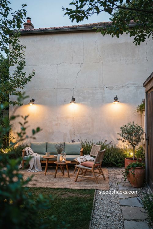 Cozy backyard ideas with warm ambient wall lighting and outdoor sconces 