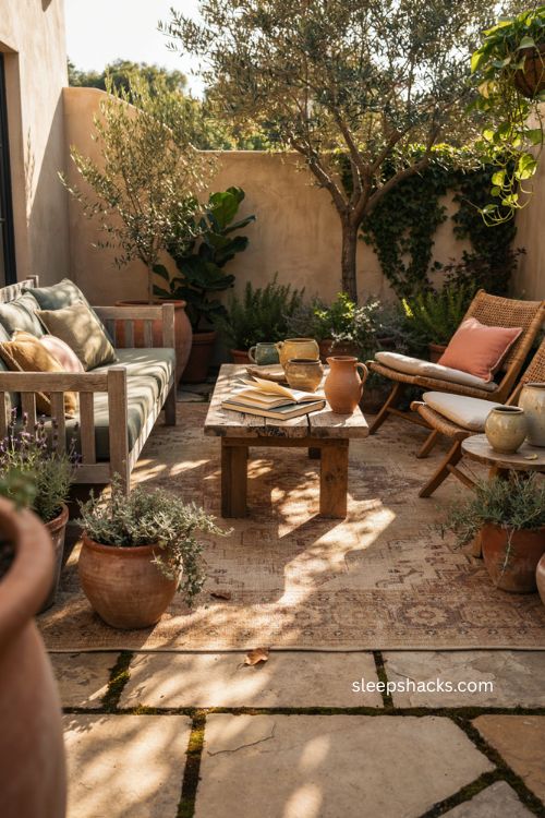 Cozy backyard ideas with warm earthy terracotta olive and brown tones 