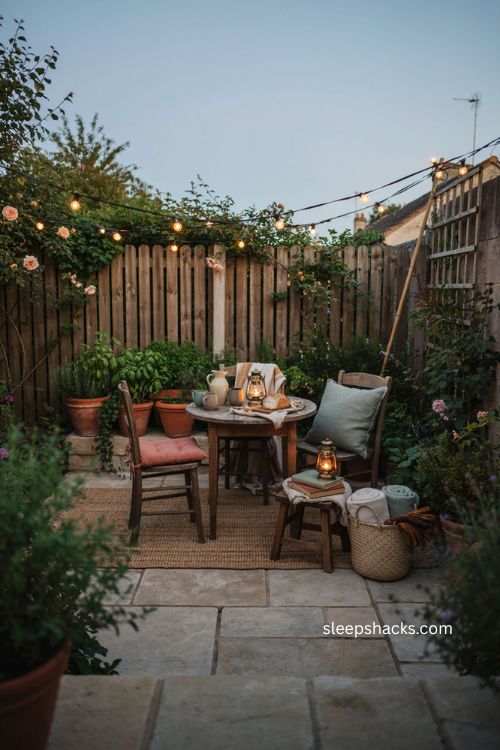 Cozy backyard ideas with warm lighting and comfortable patio seating 
