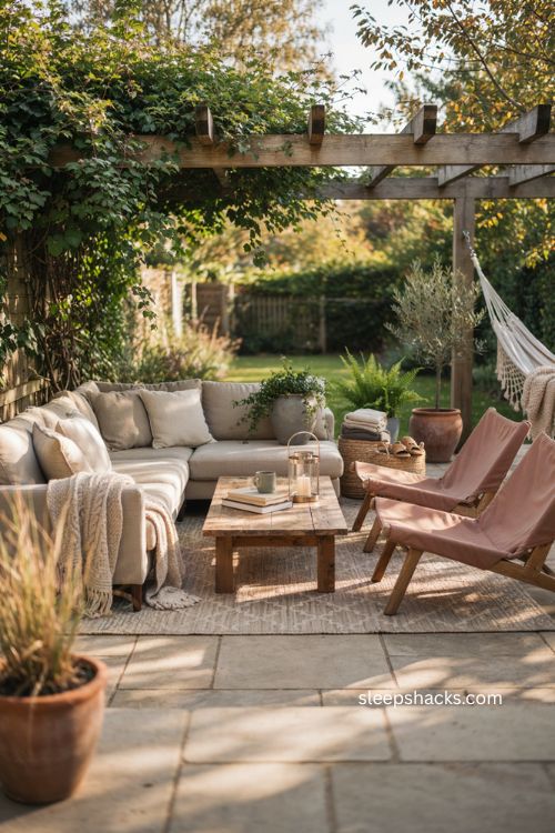 Cozy backyard lounge area with outdoor sectional cushions and blankets 