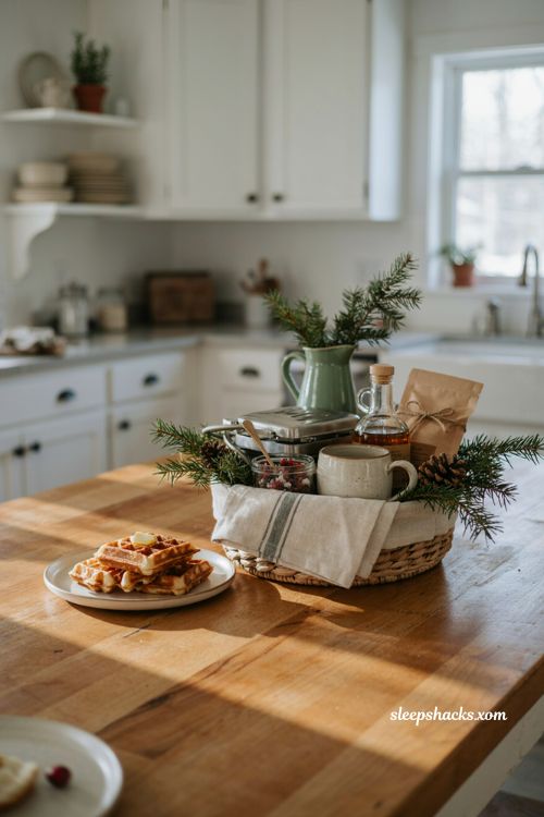 Cozy breakfast Christmas gift basket ideas with waffle maker coffee mug and maple syrup 