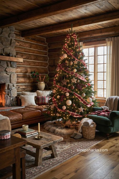 Cozy cabin winter Christmas tree with plaid ribbon pinecones wooden stars red berries and warm lights