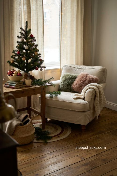 Cozy christmas reading corner with chunky knit throw faux fur pillows and mini tree 