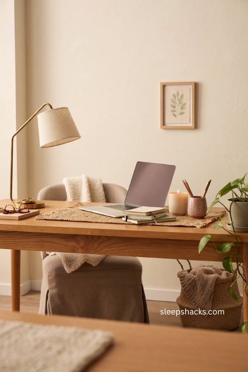 Cozy corner office desk setup with sherpa throw 