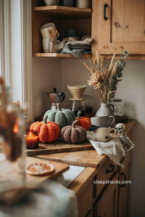 Cozy crochet pumpkins witch hat mugs and skeleton coffee nook Halloween decor