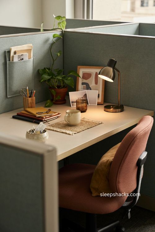 Cozy cubicle desk decor with personal touches and comfortable chair 