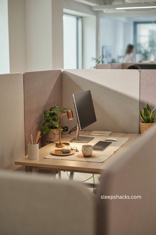 Cozy cubicle ideas with plants warm lighting and personal office decor