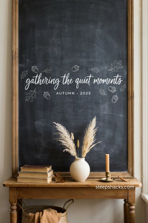 Cozy fall chalkboard quote wall with cursive lettering and leaves 