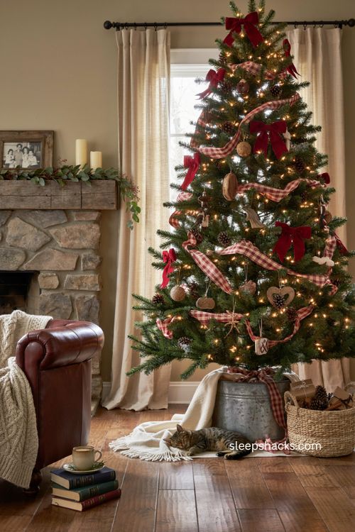 Cozy farmhouse Christmas tree with red bows plaid and wood