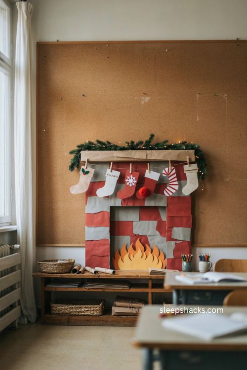 Cozy fireplace Christmas bulletin board ideas for a warm classroom 