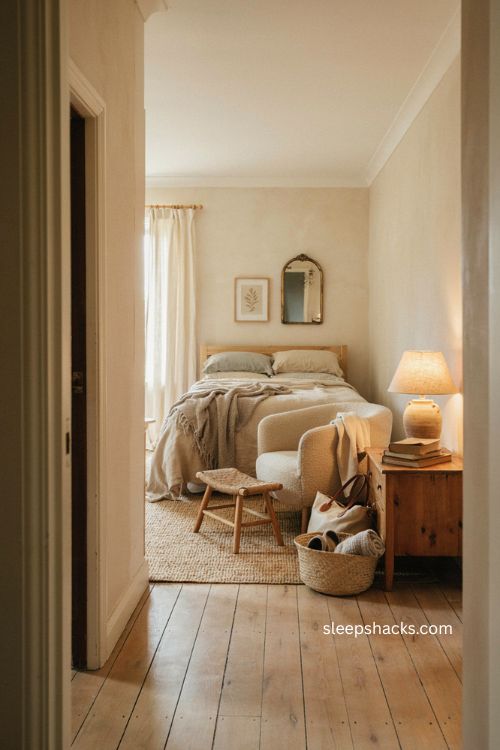 Cozy guest room armchair with soft upholstery woven footstool and warm layered bedding 
