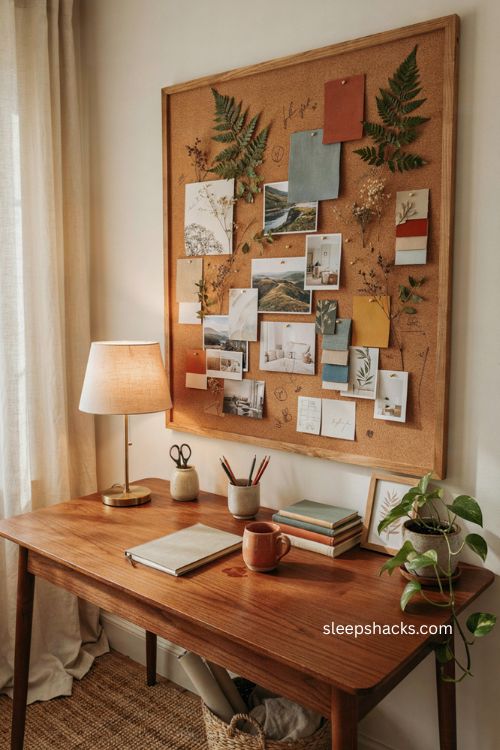 Cozy home office mood board with warm wood cork board and creative decor 