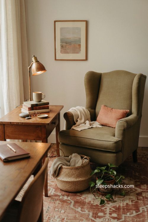 Cozy home office with comfortable reading chair and warm layered decor 