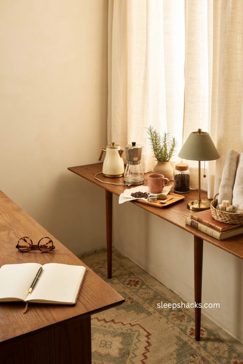 Cozy home office with compact coffee station and warm wood decor 