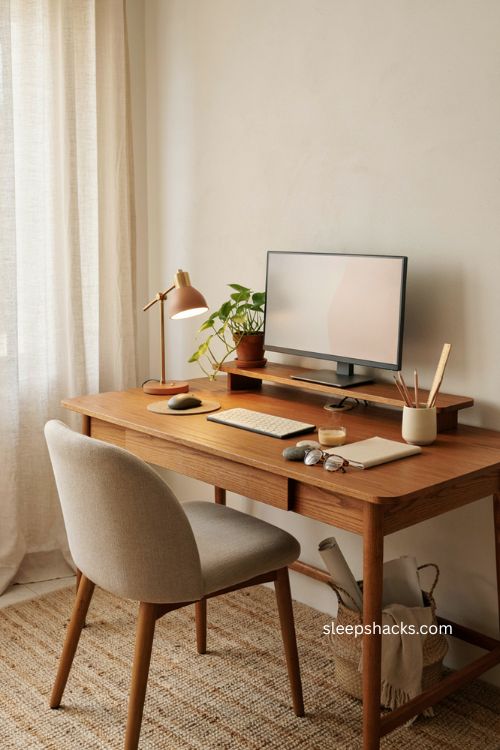 Cozy home office with ergonomic desk setup and warm vintage decor 