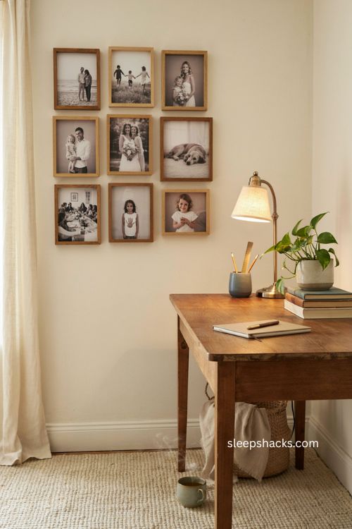 Cozy home office with family photo wall warm wood and personal decor 