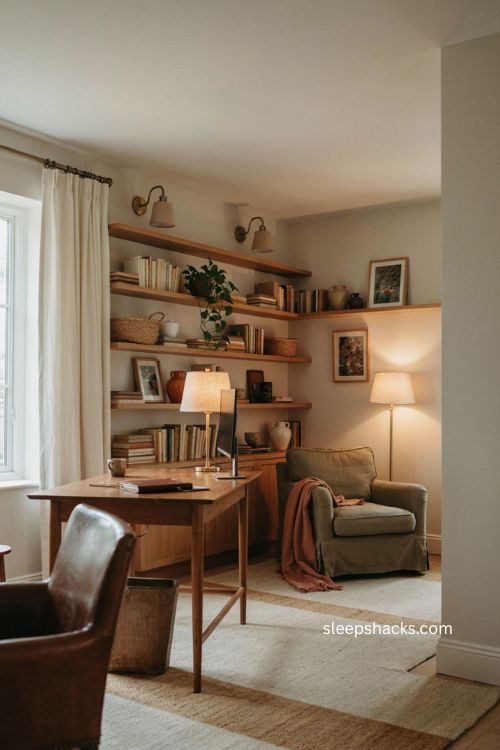 Cozy home office with layered lighting table lamp floor lamp and sconces 