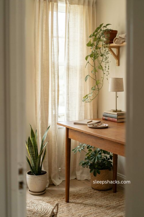 Cozy home office with low maintenance plants warm wood and natural decor 
