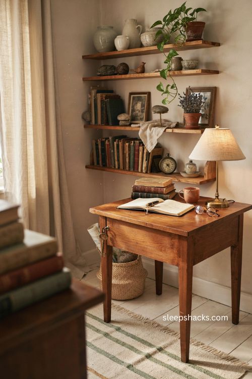 Cozy home office with personal collections travel mementos and vintage decor 
