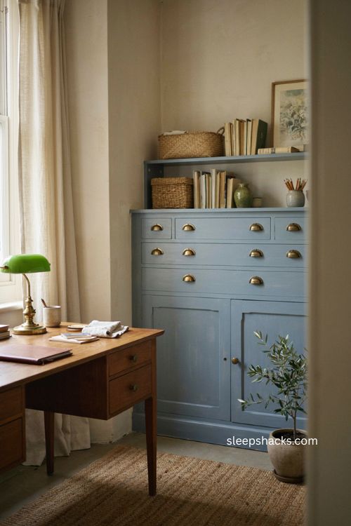 Cozy home office with stylish storage cabinet and warm vintage decor 