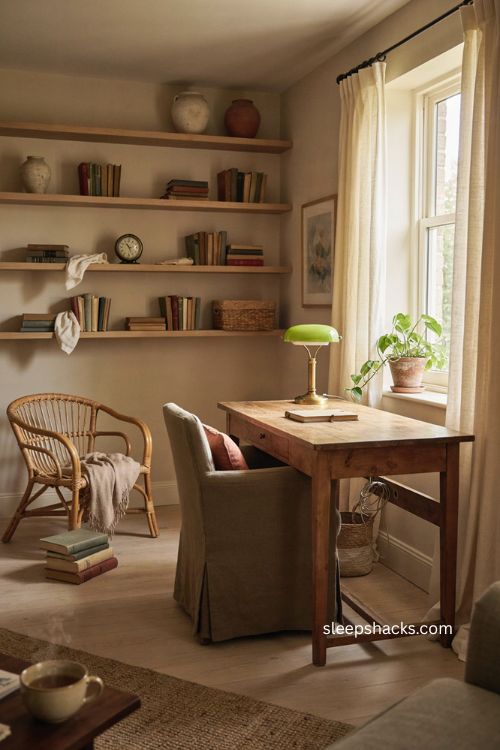 Cozy home office with warm wood desk vintage textures and layered decor 