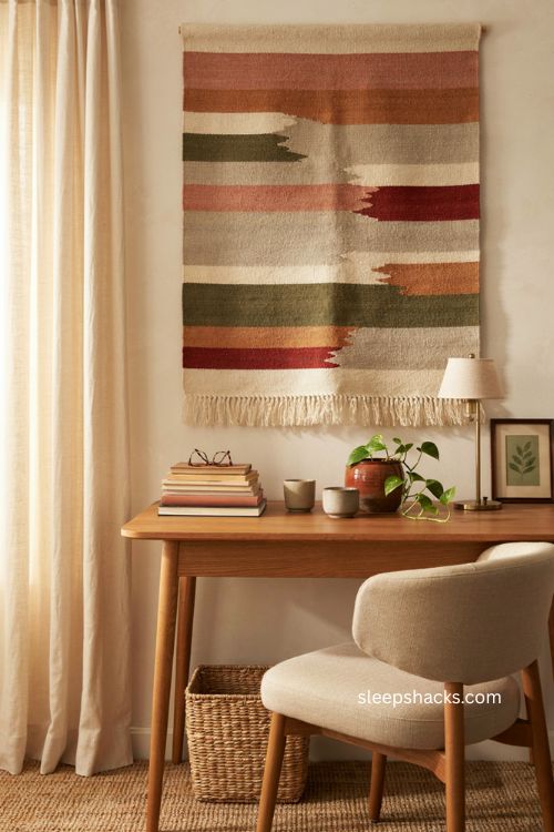Cozy home office with woven textile wall hanging warm wood and natural textures 