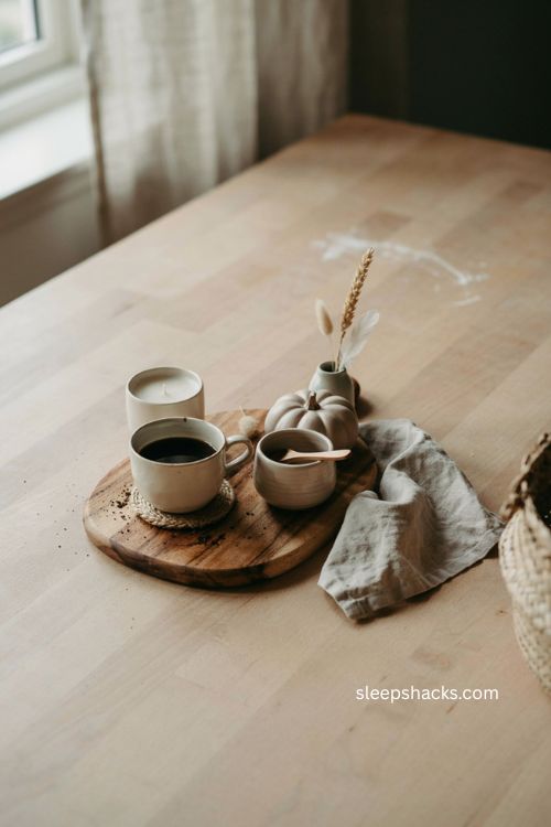 Cozy neutral fall coffee station with wooden tray dried stems linen and pumpkin candle