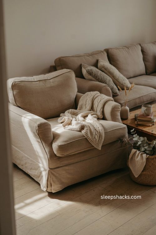 Cozy oatmeal throw blanket draped over a neutral chair in a warm fall living room