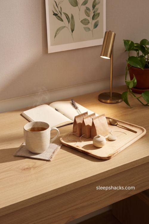 Cozy office coffee tea corner with pretty mug tray coaster and compact desk setup 