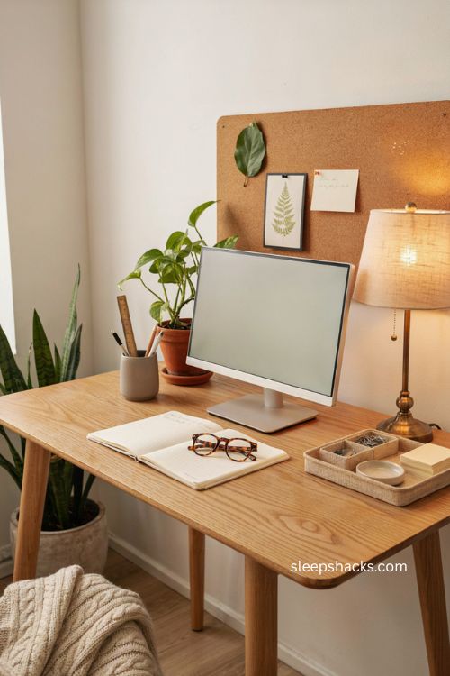Cozy office desk lamp decor with warm glow brass base and personalized cubicle workspace 