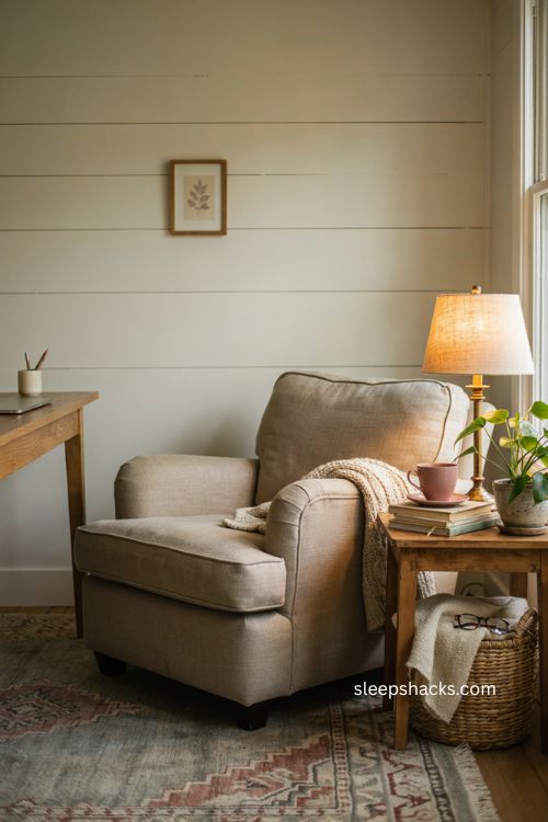 Cozy office seating with a soft accent chair and reading corner 