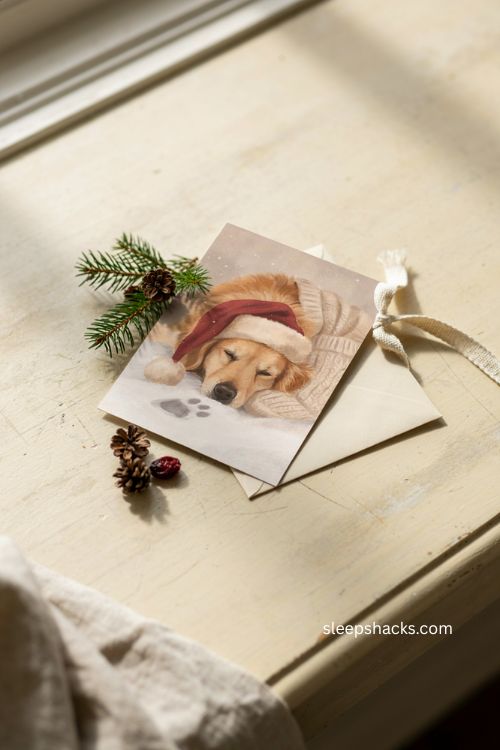 Cozy puppy Christmas card with Santa hat stocking and snowy paw print 