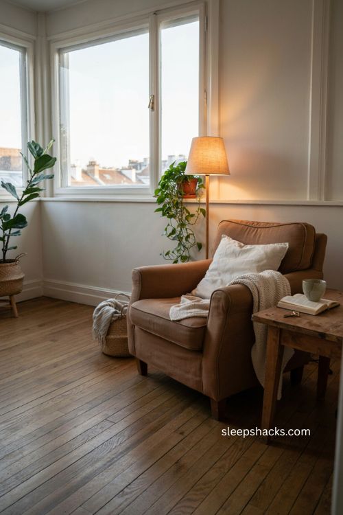 Cozy reading corner with deep armchair floor lamp and soft throw in closed balcony