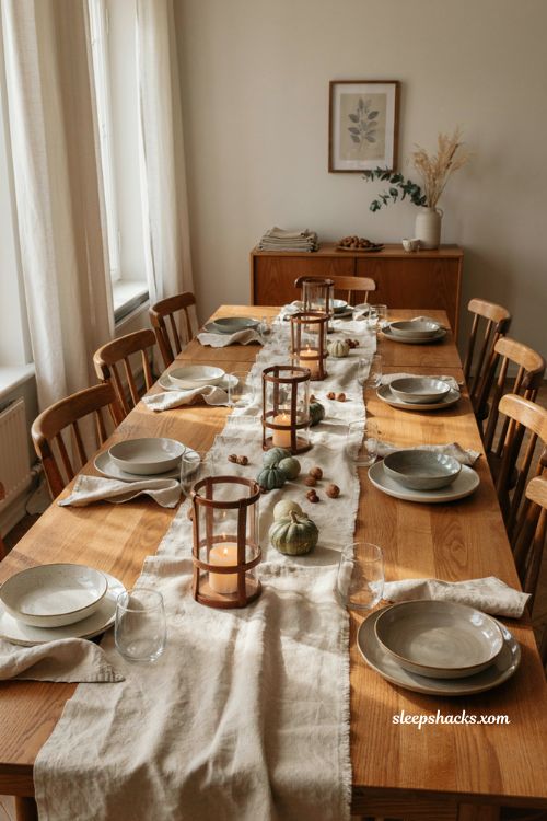 Cozy rustic Scandinavian Thanksgiving table with raw linen leather lanterns gourds and beeswax candles
