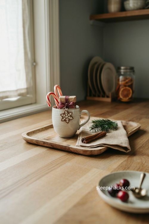 Cozy scented wax melt Christmas mug gift with candy canes and snowflake tag 