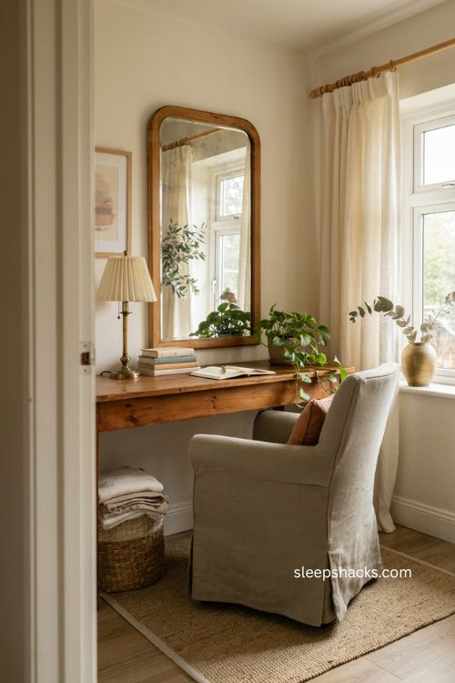 Cozy small home office with vintage mirror warm wood and natural light 