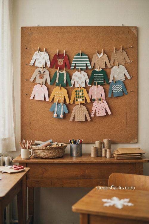 Cozy sweater pattern Christmas bulletin board ideas for a fun classroom 