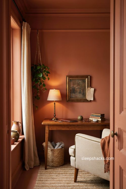 Cozy terracotta color drenched home office with warm vintage decor 